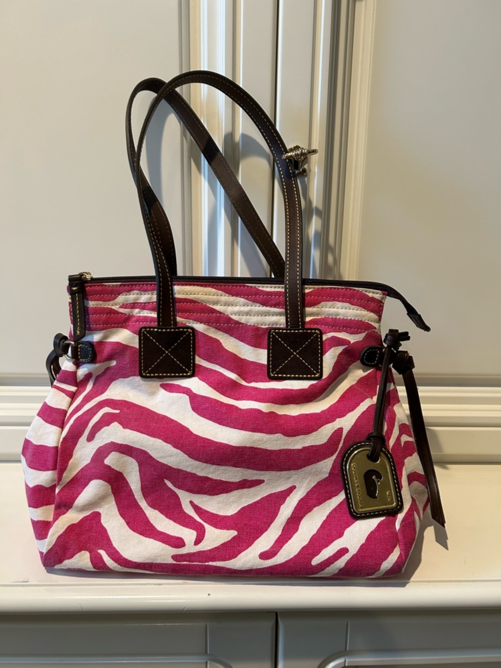 Dooney & Bourke Pink Zebra Print Shoulder Tote with Dark Brown Trim